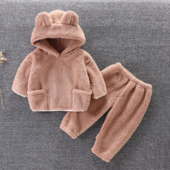 Kids Toddler Boys Girls Autumn Winter Casual Cute Solid Color Flannel Long Sleeve Hoodies Trousers Sets