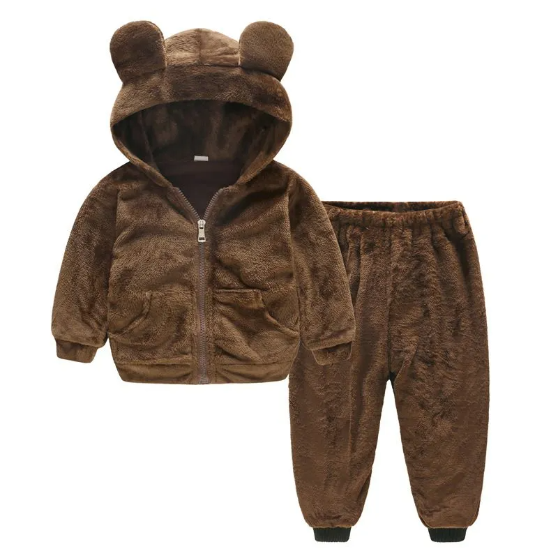 2 Pcs/Set Kids Casual Lamb Fleece Warm Hooded Coat And Pants