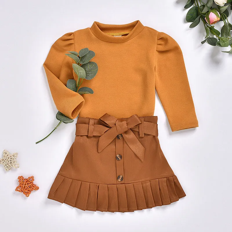 Girls Round Neck Long Sleeve Top And Skirt Set