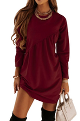 Autumn Winter Solid Color Long-Sleeved Irregular Round Neck Long Casual Solid Color Dress