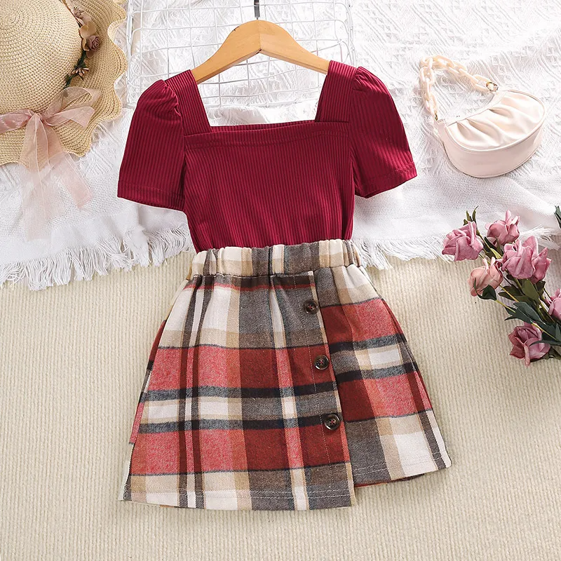 Children Kids Baby Fashion Girls Short Sleeve Pit Strip Solid Color Top And Irregular Plaid Skirt 2pcs Set