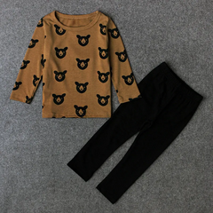 Fashion Girl Bear Print Long Sleeve Round Neck Top And Pants Set