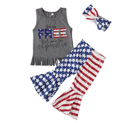 Children Kids Baby Fashion Girls Independence Day Flag Sleeveless Letter Print T-Shirt And Pants Set