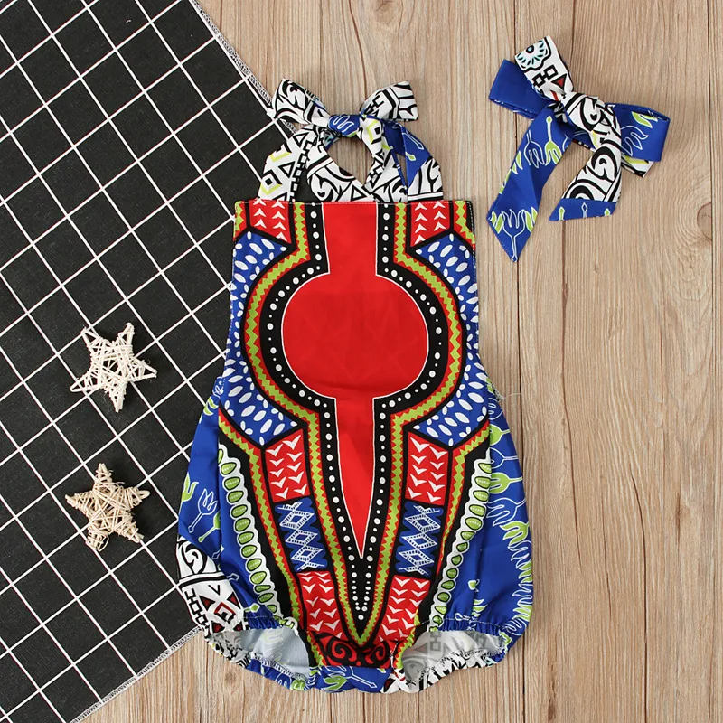 Ethnic Style Sleeveless Printed Halterneck Romper With Headband Set