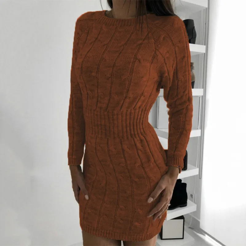 Autumn Winter Round Neckline Defined Waist Bodycon Knitted Dress