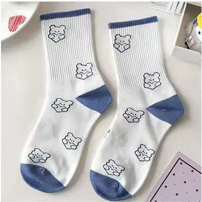 5 Pairs/Dozen Women Cute Blue Series Bear Printed Cotton Socks