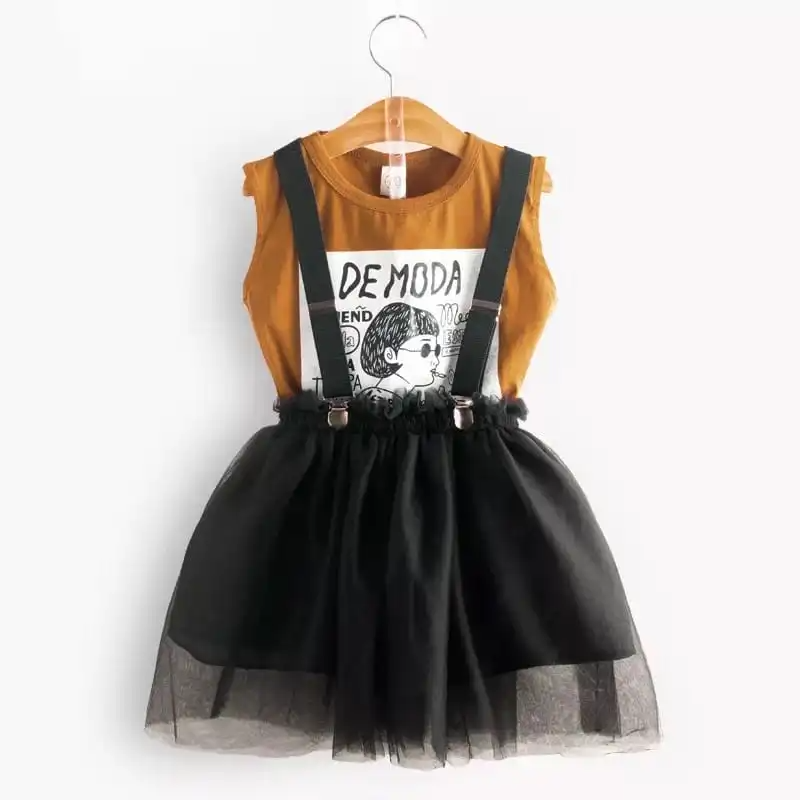 Girls Fashion Sleeveless Letter Portrait Printed T-Shirt And Suspender Skirt Set