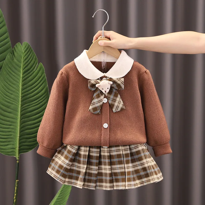 Kids Toddler Girls Autumn Winter Fashion Casual Simple Preppy Solid Color Cartoon Bear Bow Lapel Sweater Plaid Pleated Skirt Set