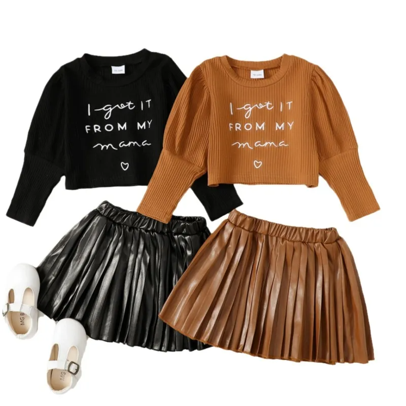 Kids Toddler Girls Spring Autumn Fashion Casual Letter Print Long Sleeve Round Neck Top PU Skirt Set