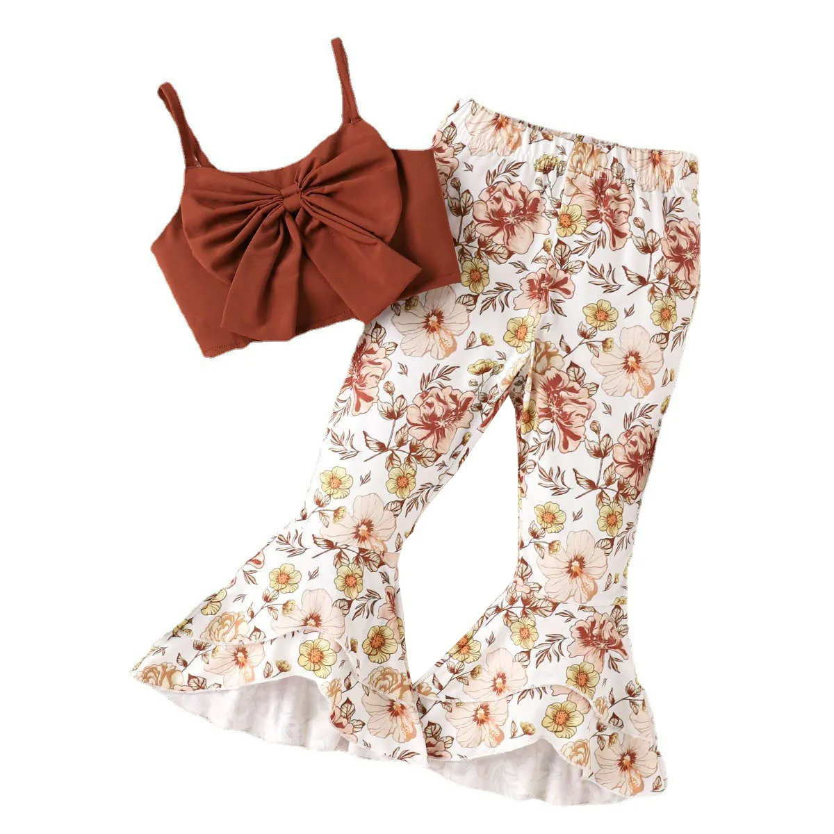 Children Kids Baby Fashion Girls Bowknot Sling Sleeveless Top And Flower Print Flared Pants 2pcs Set