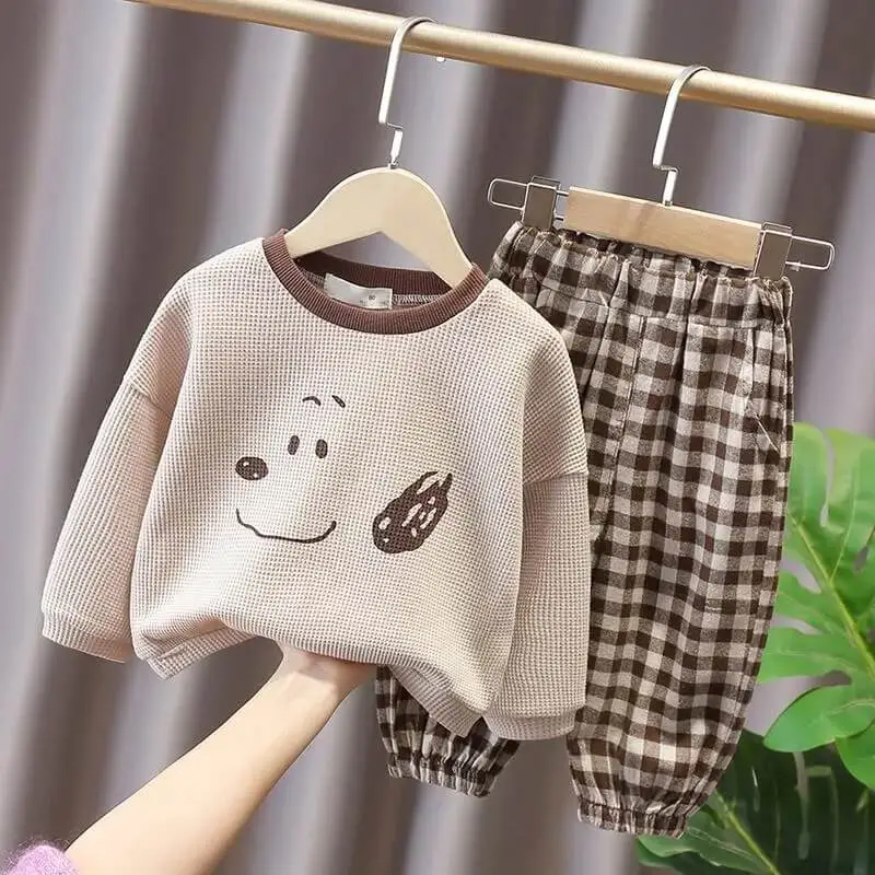 Kids Fashion Puppy Pattern Sweatshirt And Plaid Pants Set