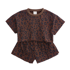 Children Kids Baby Fashion Girls Casual Basic Short Sleeve Leopard Print T-Shirt And Shorts 2pcs Set