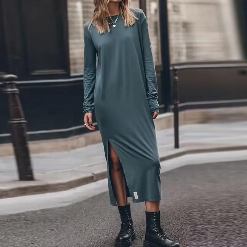 Casual Women Side-Slit Long-Sleeved Solid Color Maxi Dress