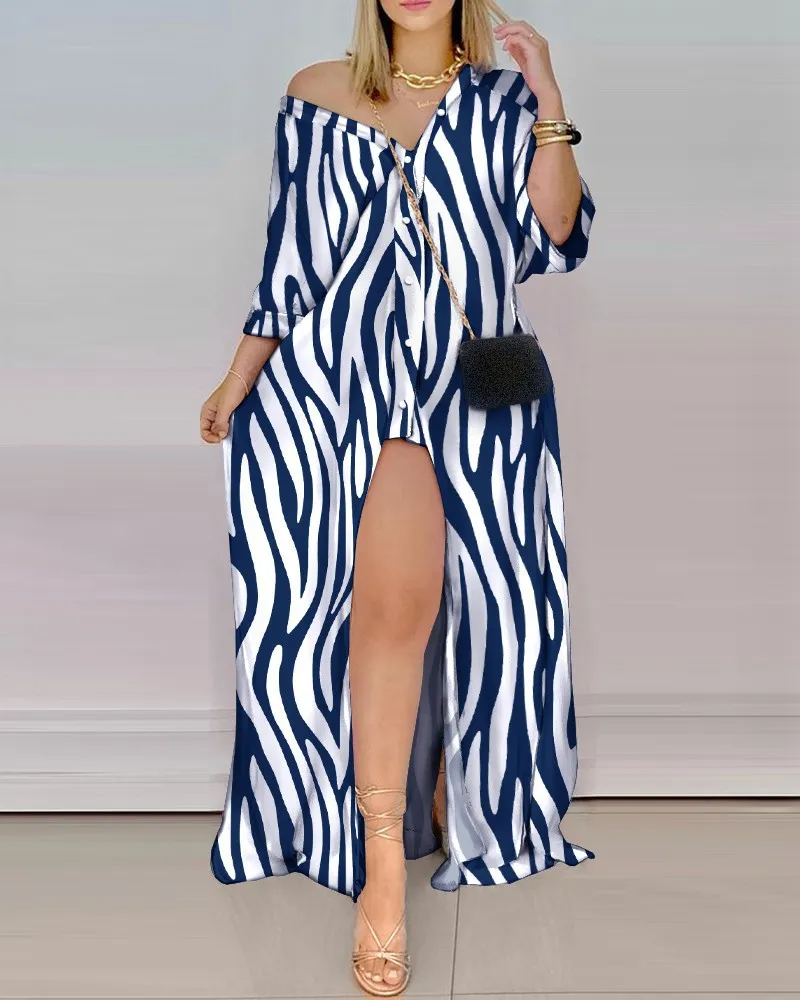 Women Fashion Sexy V-Neck Stripe Long Sleeve Shirt Dress