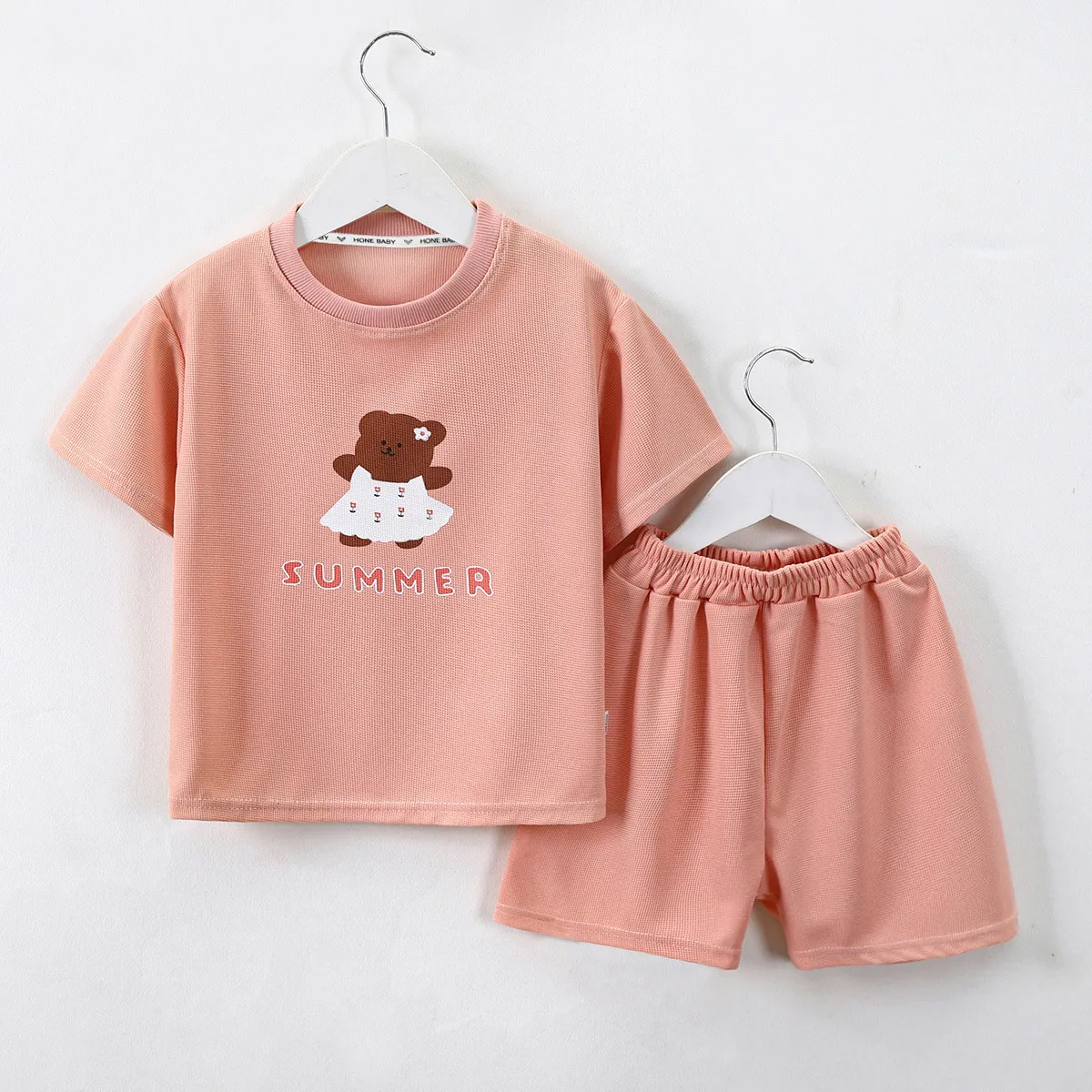 Kids Toddler Big Boys Girls Casual Cute Cartoon Bear Letters Print Short Sleeve Round Neck T-Shirt Shorts Set