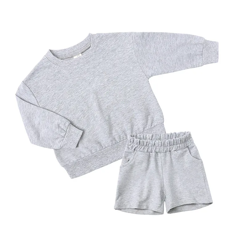 Children Kids Toddlers Girls Boys Long Sleeves Solid Color T-Shirt And Shorts 2pcs Set