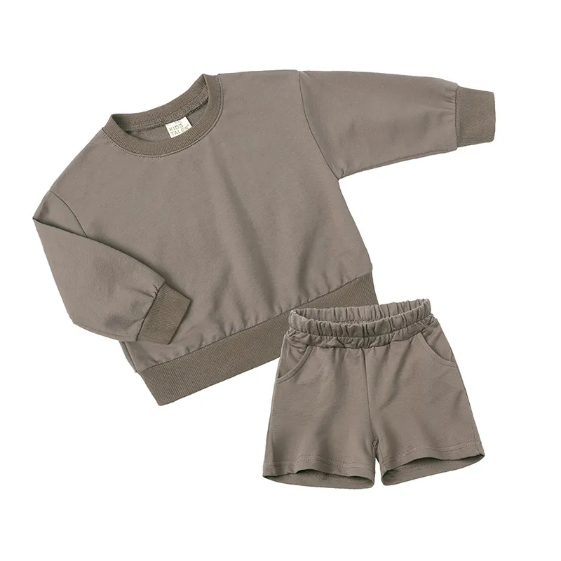 Children Kids Toddlers Girls Boys Long Sleeves Solid Color T-Shirt And Shorts 2pcs Set