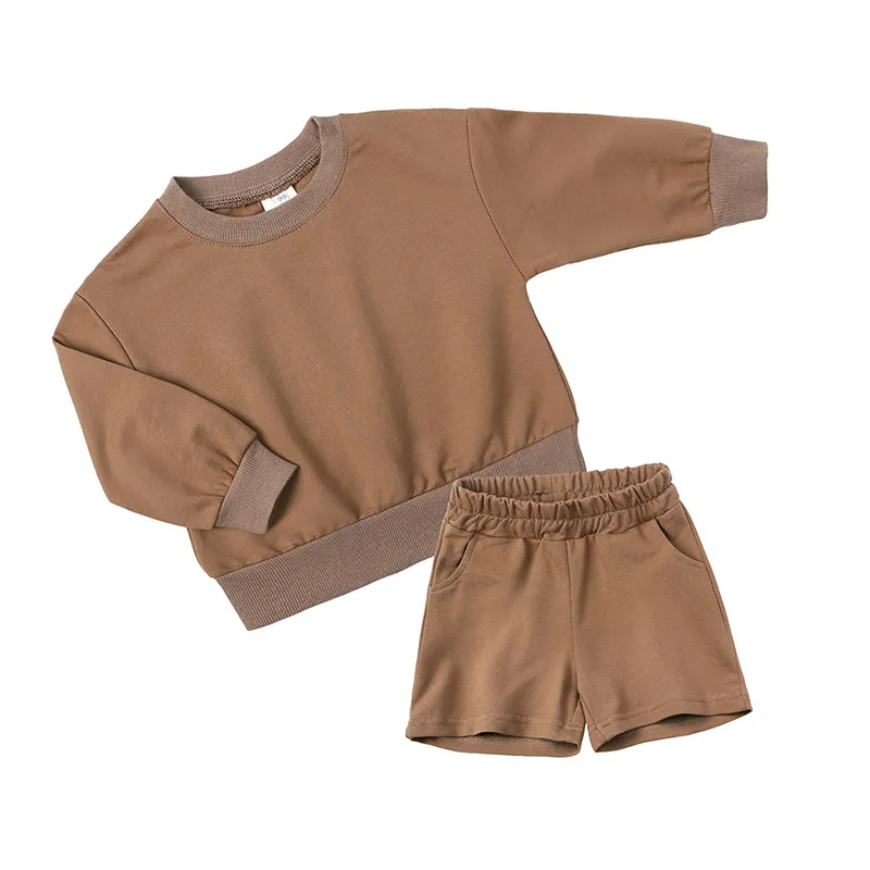 Children Kids Toddlers Girls Boys Long Sleeves Solid Color T-Shirt And Shorts 2pcs Set