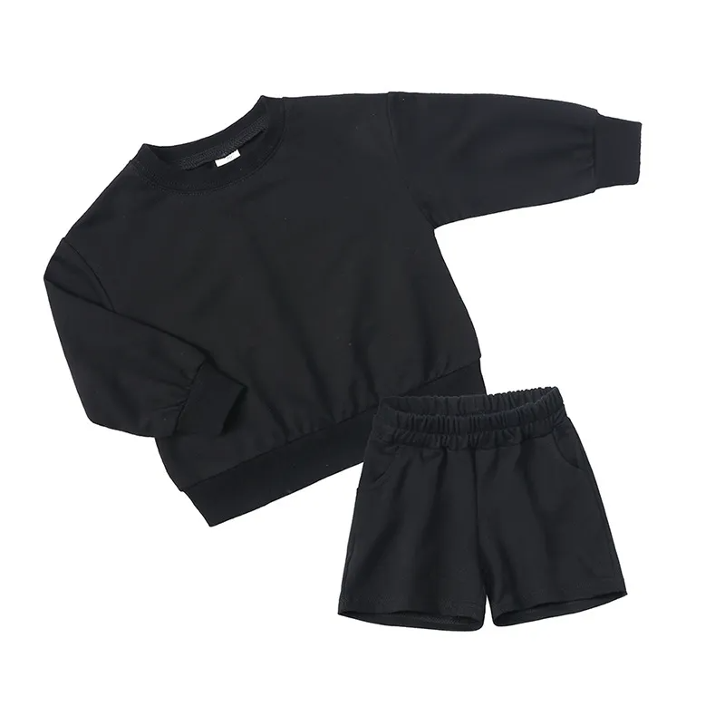 Children Kids Toddlers Girls Boys Long Sleeves Solid Color T-Shirt And Shorts 2pcs Set