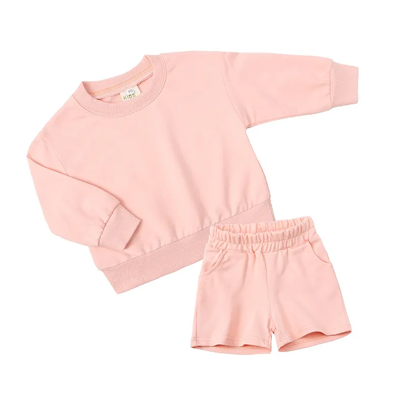 Children Kids Toddlers Girls Boys Long Sleeves Solid Color T-Shirt And Shorts 2pcs Set