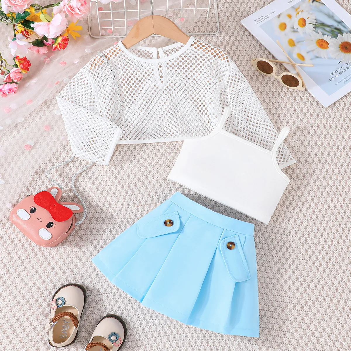 Kids Toddler Girls Summer Casual Cute Solid Color Mesh Long Sleeve Top Camisole Skirt 3-Piece Set