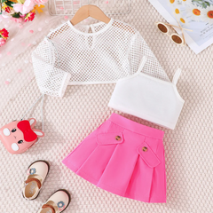 Kids Toddler Girls Summer Casual Cute Solid Color Mesh Long Sleeve Top Camisole Skirt 3-Piece Set