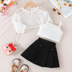 Kids Toddler Girls Summer Casual Cute Solid Color Mesh Long Sleeve Top Camisole Skirt 3-Piece Set