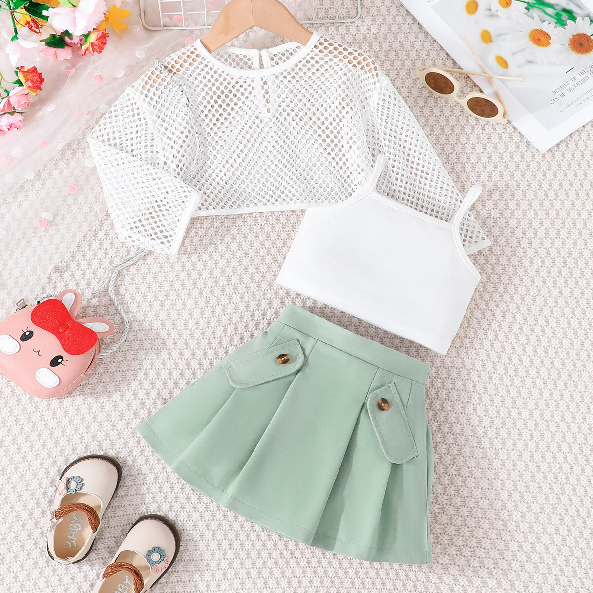 Kids Toddler Girls Summer Casual Cute Solid Color Mesh Long Sleeve Top Camisole Skirt 3-Piece Set