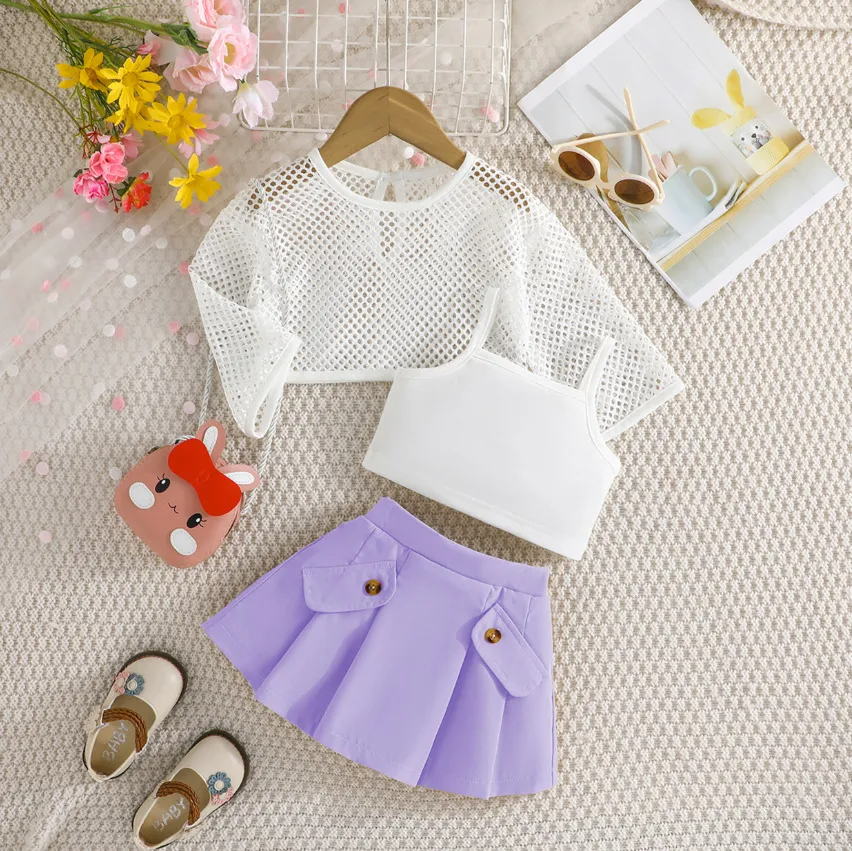 Kids Toddler Girls Summer Casual Cute Solid Color Mesh Long Sleeve Top Camisole Skirt 3-Piece Set