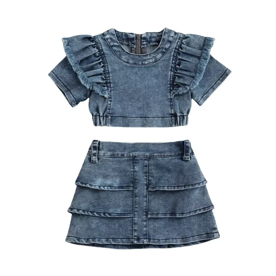 Kids Girls Basic Solid Color Round Neck Zipper Short Sleeve Denim Tops And Skirt Two Piece Set