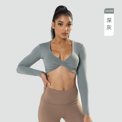 Women'S Sports Long Sleeve Fitness Deep V Neck Slim Fit Breathable Navel Yoga Clothes Top