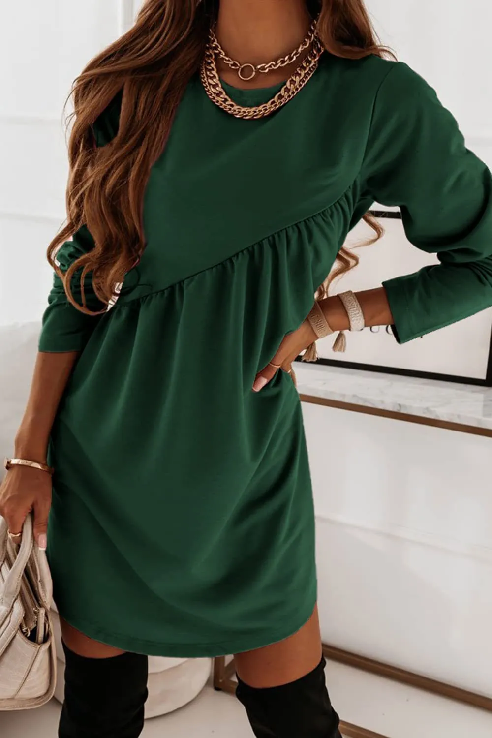 Autumn Winter Solid Color Long-Sleeved Irregular Round Neck Long Casual Solid Color Dress