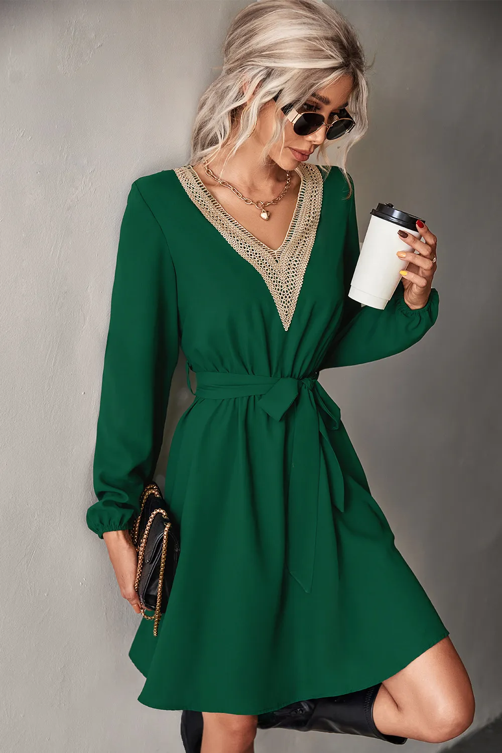 Autumn Winter Women Fashion V Neck Lace Long Sleeve Casual Dress