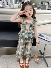 Children Kids Baby Fashion Girls Sleeveless Plaid Print Suspenders Tops And Pants 2pcs Set