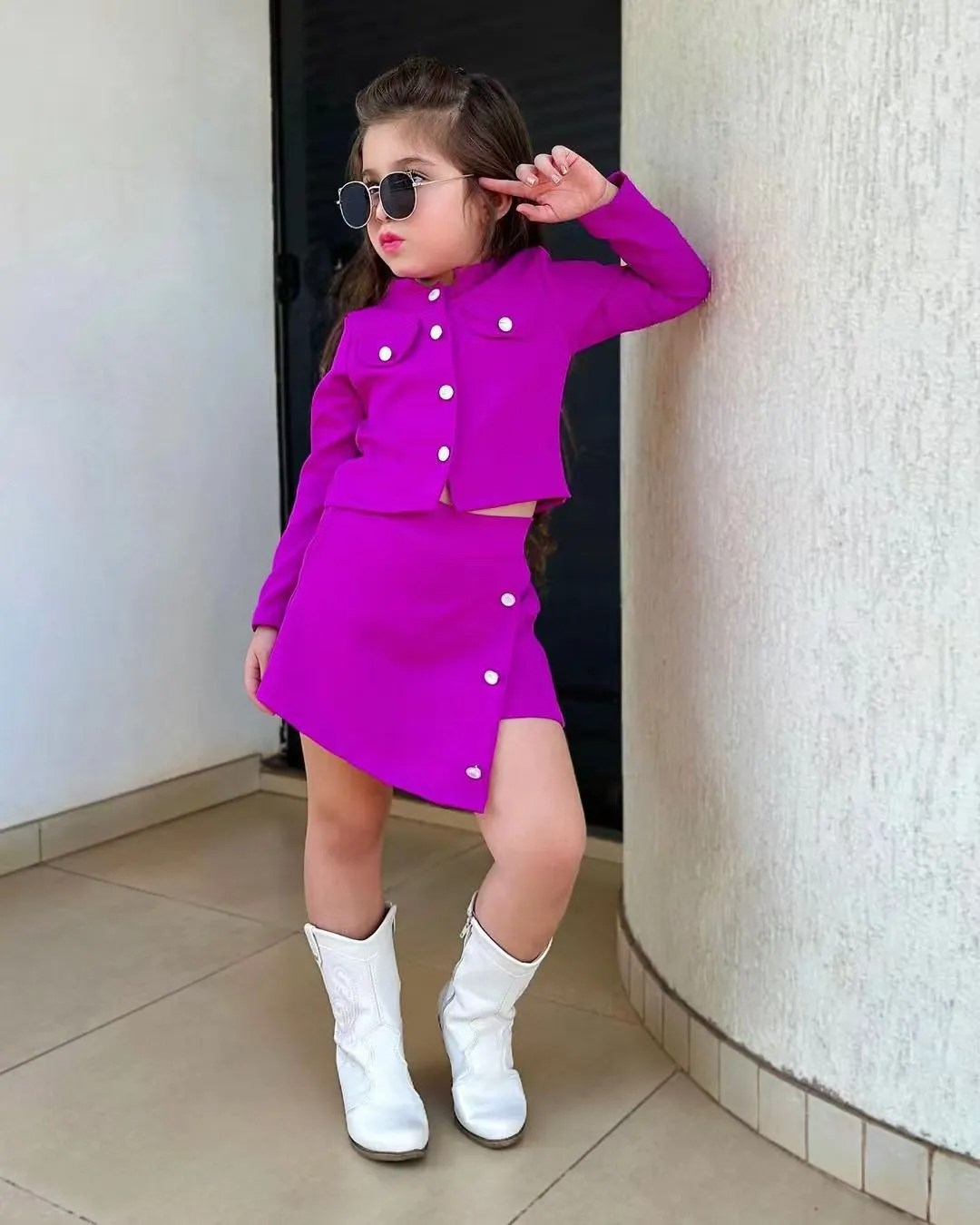 Kids Toddler Girls Fashion Casual Cute Sweet Solid Color Buttons Long Sleeve Skirts Irregular Hem Set