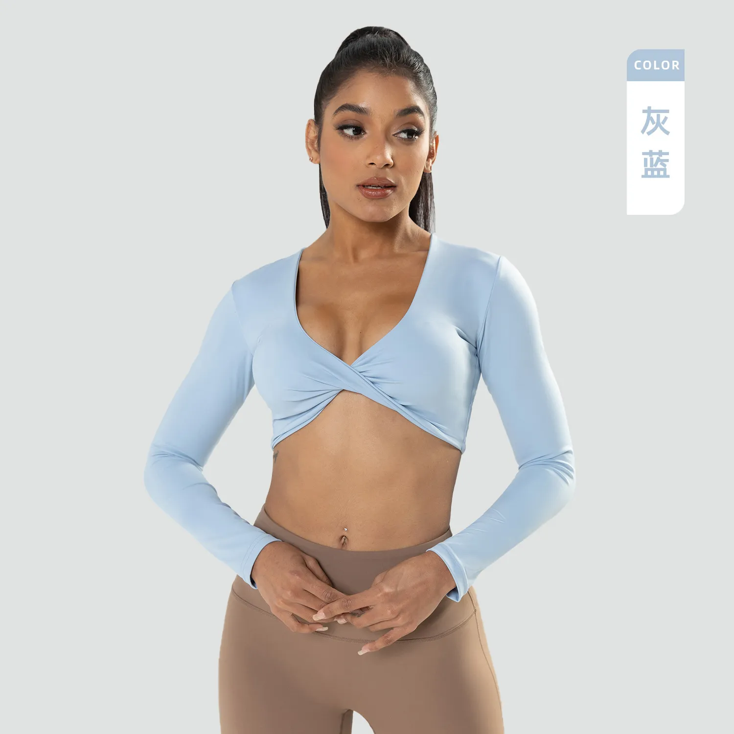 Women'S Sports Long Sleeve Fitness Deep V Neck Slim Fit Breathable Navel Yoga Clothes Top