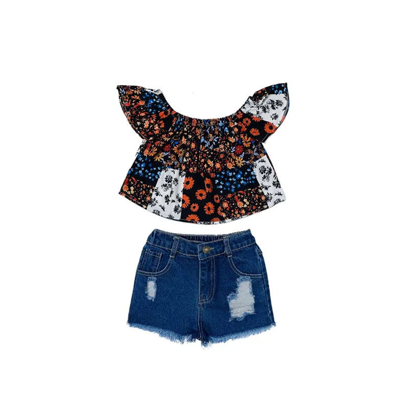 Girls Retro Flower Pattern Ruffled Tops And Denim Shorts Set