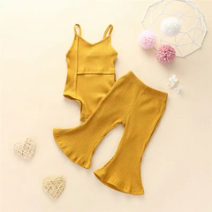 Girls Solid Color Strap Romper And Bell-Bottom Pants Set