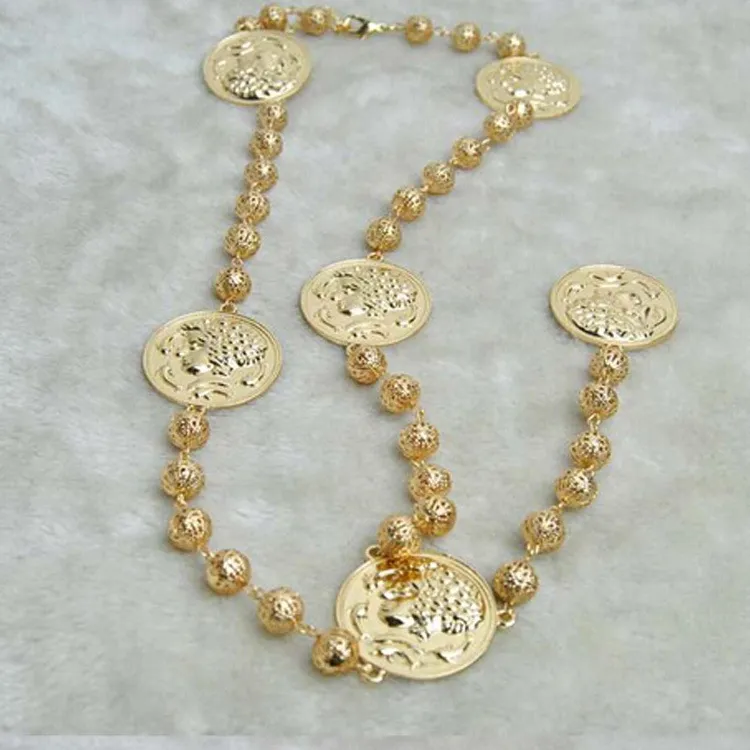 Baroque Vintage Women Metal Coin Head Round Long Exaggerated Necklace