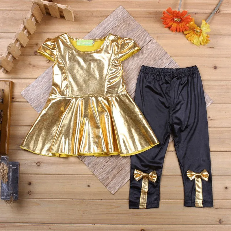 2 Pcs Fashion Girl Patchwork Solid Color Tops And Pants Set