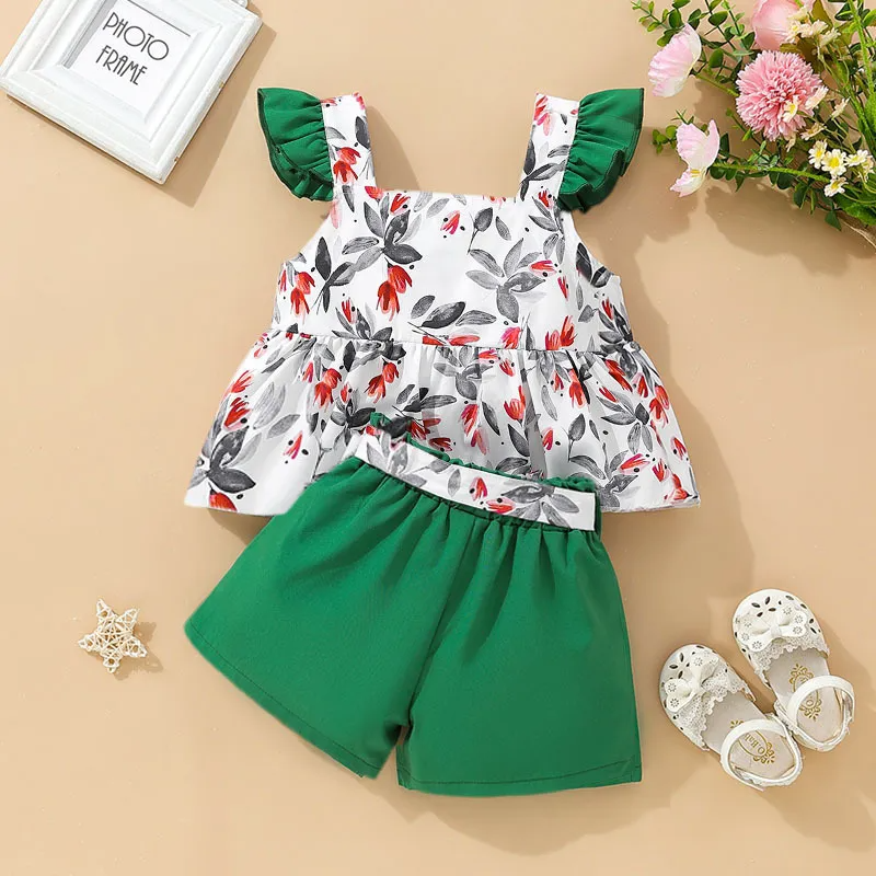 Children Kids Baby Fashion Girls Sleeveless Flower Print Top And Shorts 2pcs Set