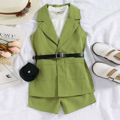 Kids Toddler Girls Fashion Casual Solid Color Vest Lapel Coat Shorts 3 Piece Set