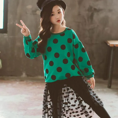 2 Pcs Set Junior Girl Black Dot Print Tops And Patchwork Pants