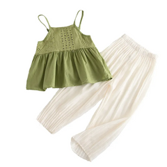 Children Kids Baby Fashion Girls Sleeveless Green Hollow Suspender Top And Solid Color Pants 2pcs Set