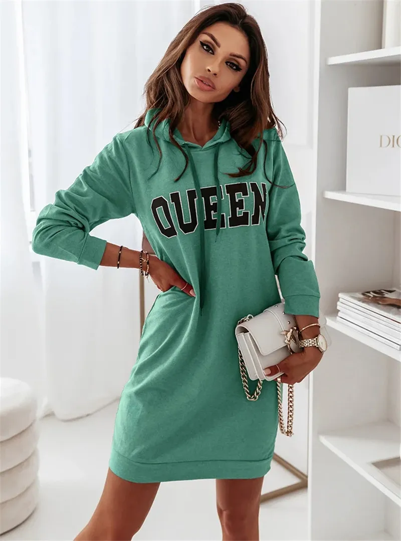 Autumn Winter Women Casual Long-Sleeved Hooded Letter Dress