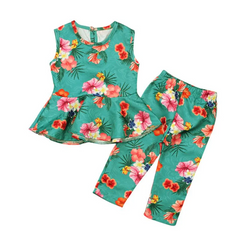 2 Pcs Set Fresh Style Girl Floral Print Tops And Pants