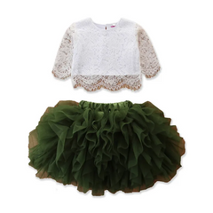 Girls Fashion Long-Sleeves Lace Tops And Fluffy Skirt Set