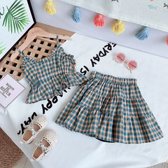 Girls Fashion Plaid Slip Tops And Skirt Set