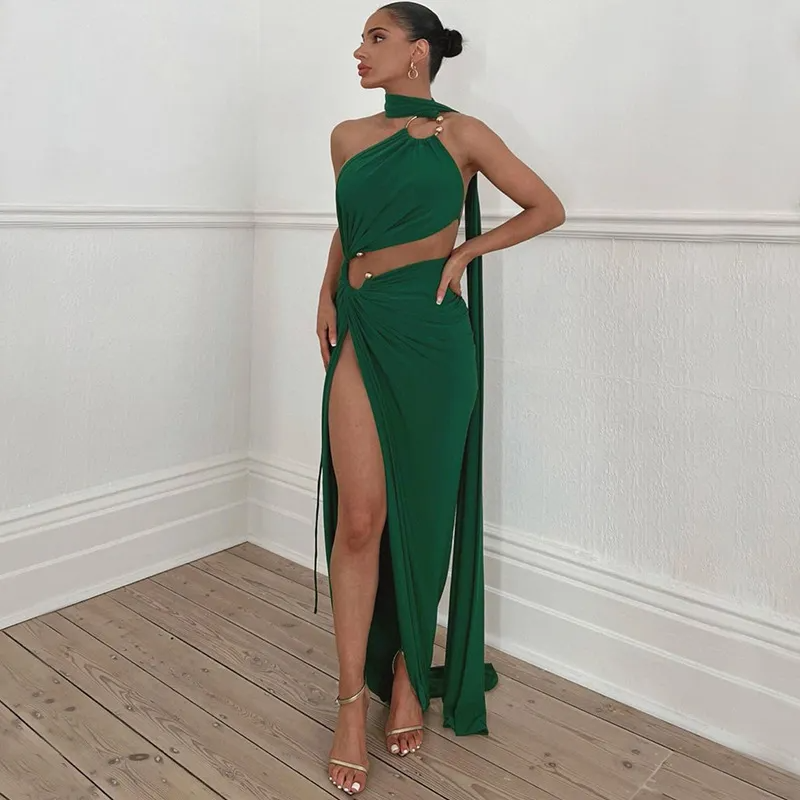 Fashion Women Solid Sexy Backless Hollow Strapless Open Side-Slit Maxi Party Dress