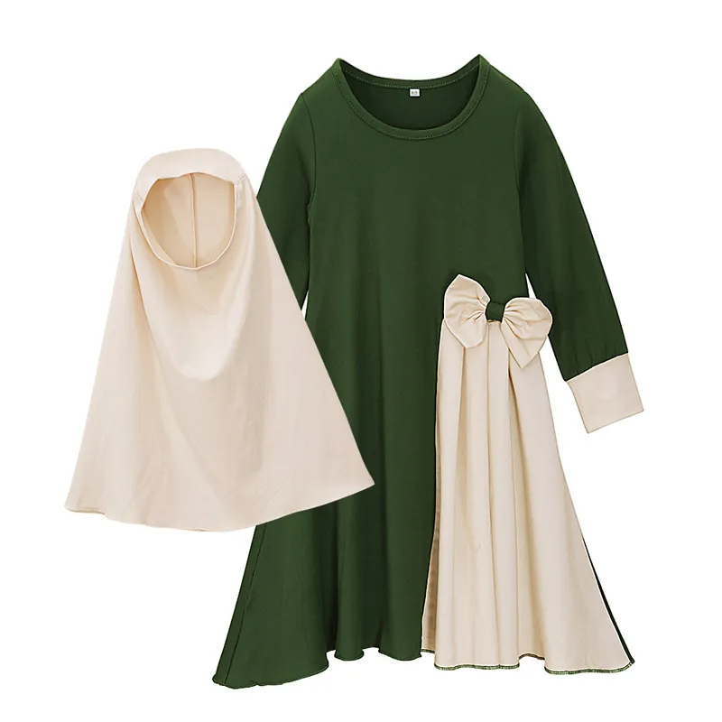 Children Kids Baby Fashion Girls Long-Sleeved Plain Color Dress And Headscarf Muslim 2pc Set